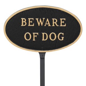 6" x 10" Small Oval Beware of Dog Statement Plaque Sign with 23" lawn stake