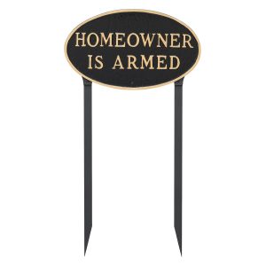 10" x 18" Large Oval Homeowner is Armed Statement Plaque Sign with 23" lawn Stakes