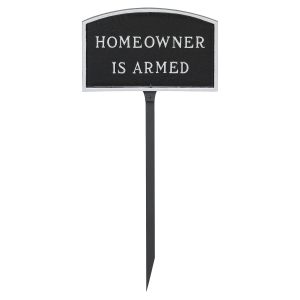 5.5" x 9" Small Arch Homeowner is Armed Statement Plaque Sign with 23" lawn stake