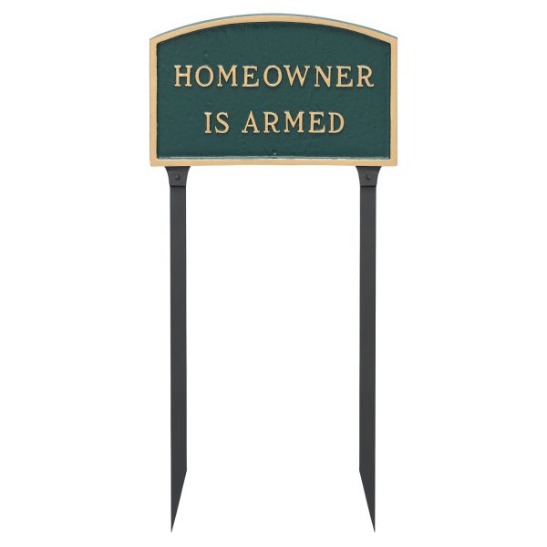 10" x 15" Standard Arch Homeowner is Armed Statement Plaque Sign with 23" lawn stake