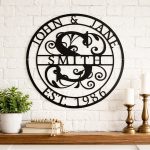 Custom Steel Circle A-Z Letter Monogram Name and Date Wall Sign (14 Colors & 5 Sizes) - Image 3