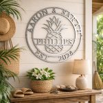 Personalized Steel Circle Pineapple Monogram Name and Date Wall Sign (15 Colors & 5 Sizes) - Image 2